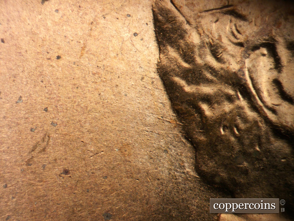 Die-stage A marker on 1952D•1MM•093 showing Die scratches behind hair.