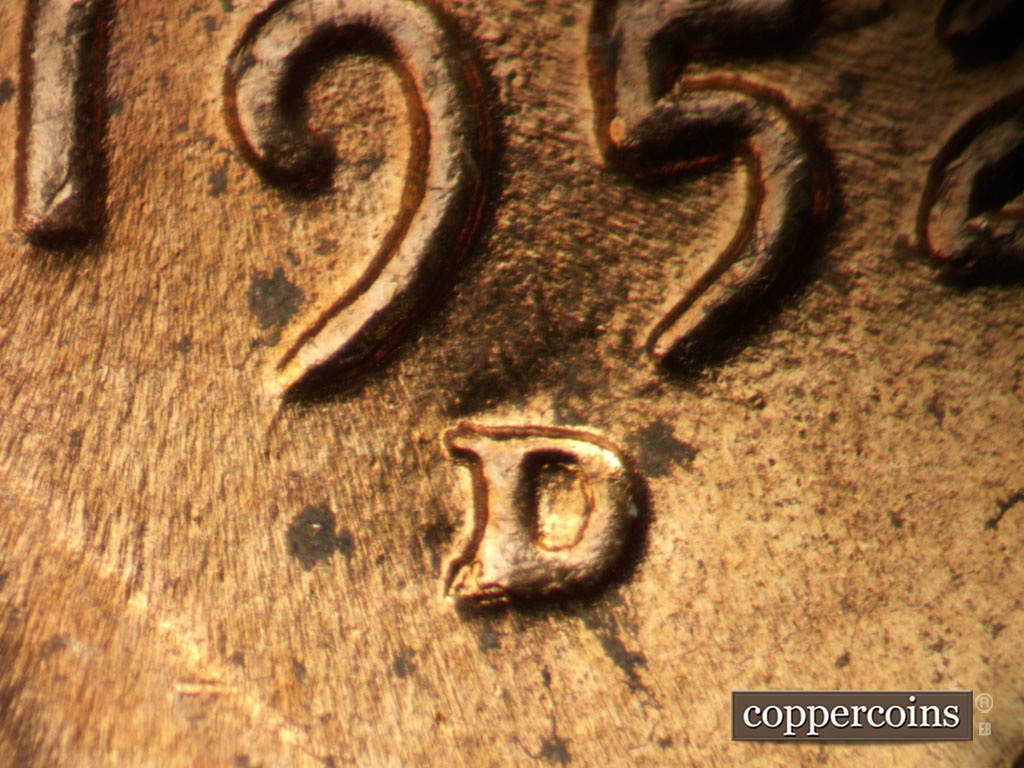Die-stage B marker on 1952D•1MM•094 showing Closeup of repunched mint mark.