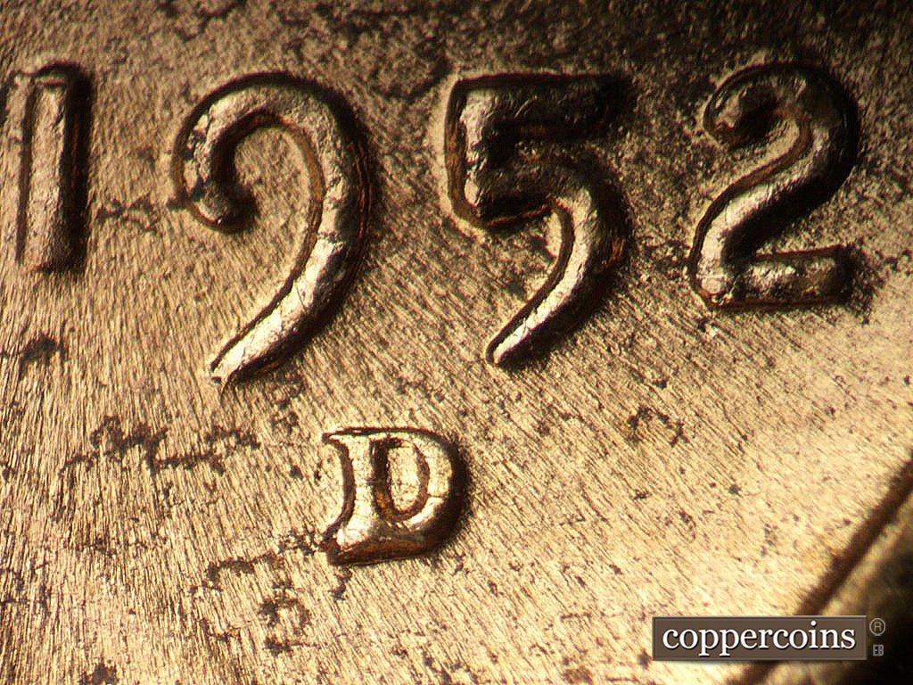 Die-stage C marker on 1952D•1MM•097 showing Closeup of repunched mintmark.