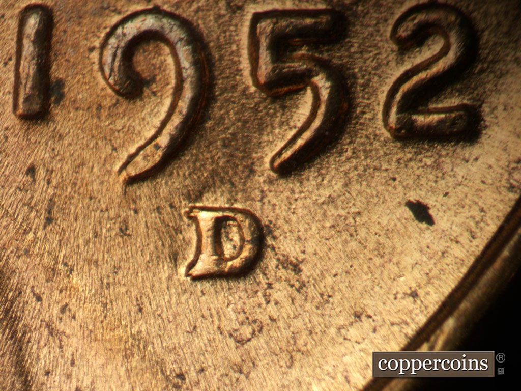Die-stage B marker on 1952D•1MM•098 showing Closeup of repunched mint mark.
