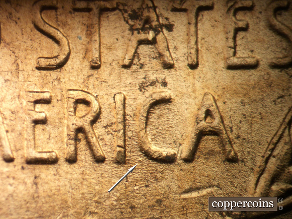 Die-stage B marker on 1952D•1MM•098 showing Die dot just beside C in AMERICA>.
