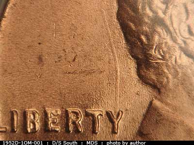 Die-stage B marker on 1952D•1OM•001 (1952 Over Mint Mark).