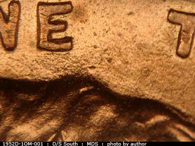 Die-stage B marker on 1952D•1OM•001 (1952 Over Mint Mark).