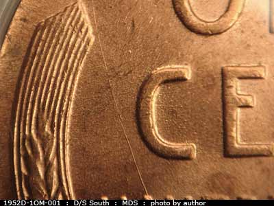 Die-stage B marker on 1952D•1OM•001 (1952 Over Mint Mark).
