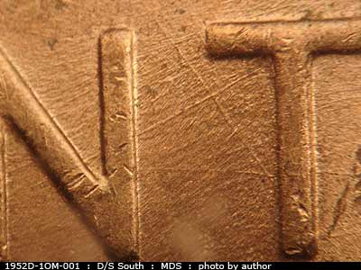 Die-stage B marker on 1952D•1OM•001 (1952 Over Mint Mark).