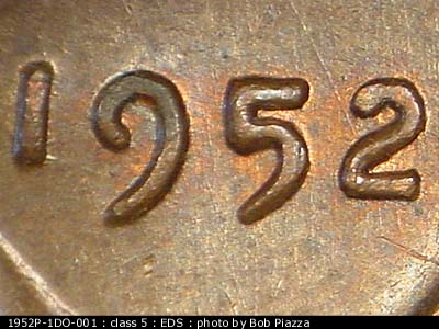 Die-stage A marker on 1952P•1DO•001 (1952 Doubled Die Obverse).