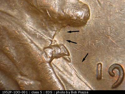 Die-stage A marker on 1952P•1DO•001 (1952 Doubled Die Obverse).