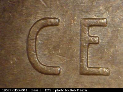 Die-stage A marker on 1952P•1DO•001 (1952 Doubled Die Obverse).