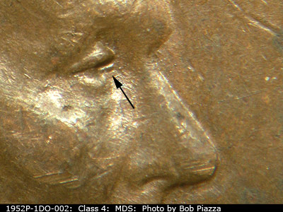 Die-stage B marker on 1952P•1DO•002 (1952 Doubled Die Obverse).