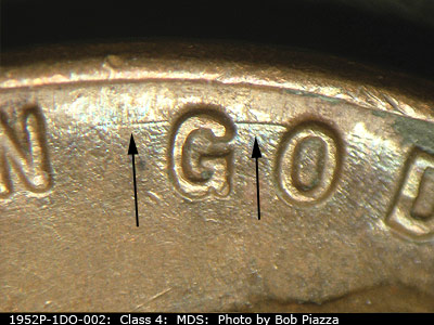 Die-stage B marker on 1952P•1DO•002 (1952 Doubled Die Obverse).