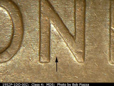 Die-stage B marker on 1952P•1DO•002 (1952 Doubled Die Obverse).