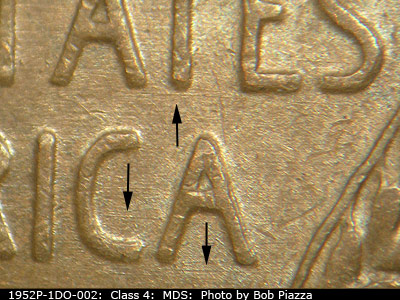 Die-stage B marker on 1952P•1DO•002 (1952 Doubled Die Obverse).