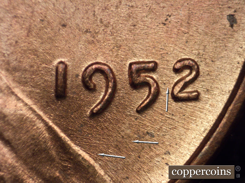 Die-stage B marker on 1952P•1DO•003 (1952 Doubled Die Obverse).