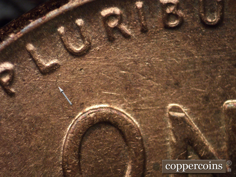 Die-stage B marker on 1952P•1DO•003 (1952 Doubled Die Obverse).