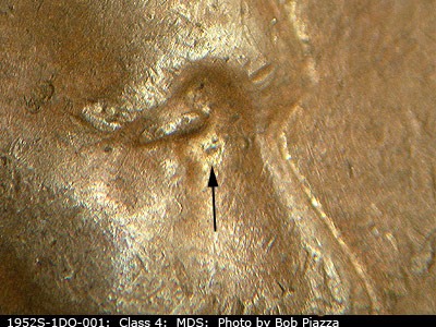 Die-stage B marker on 1952S•1DO•001 (1952 Doubled Die Obverse).