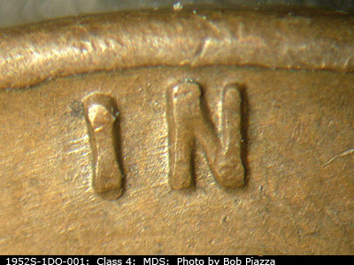 Die-stage B marker on 1952S•1DO•001 (1952 Doubled Die Obverse).