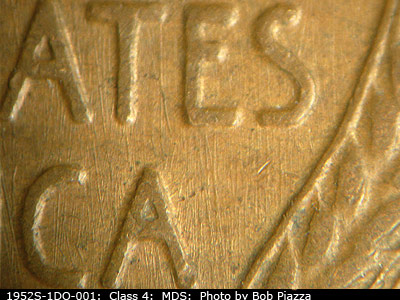 Die-stage B marker on 1952S•1DO•001 (1952 Doubled Die Obverse).