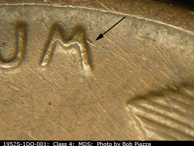 Die-stage B marker on 1952S•1DO•001 (1952 Doubled Die Obverse).