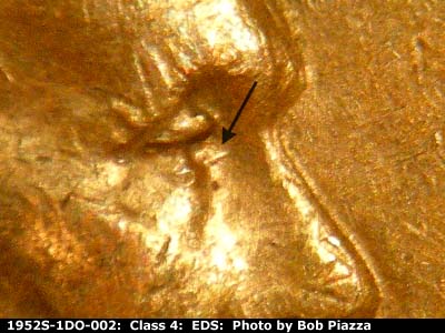 Die-stage A marker on 1952S•1DO•002 (1952 Doubled Die Obverse).