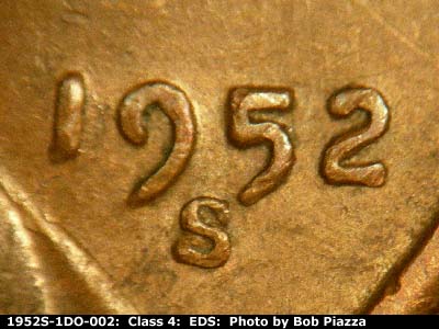 Die-stage A marker on 1952S•1DO•002 (1952 Doubled Die Obverse).