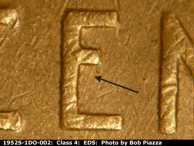 Die-stage A marker on 1952S•1DO•002 (1952 Doubled Die Obverse).
