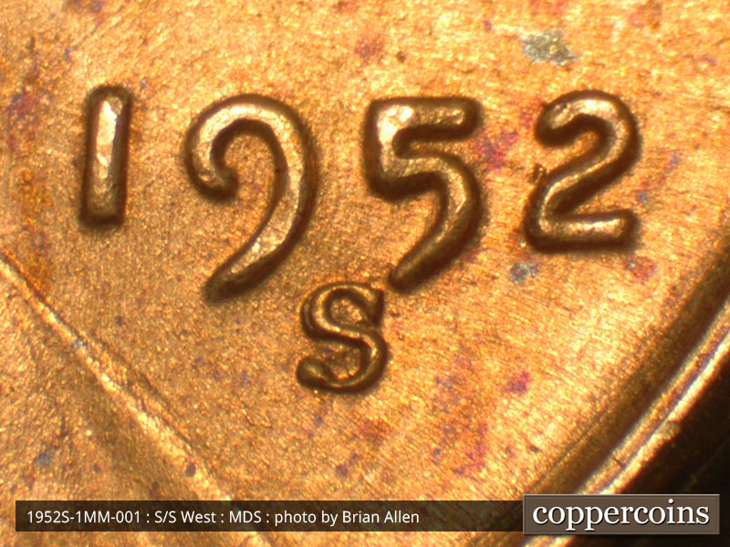 Die-stage B marker on 1952S•1MM•001 (1952 Repunched Mint Mark).