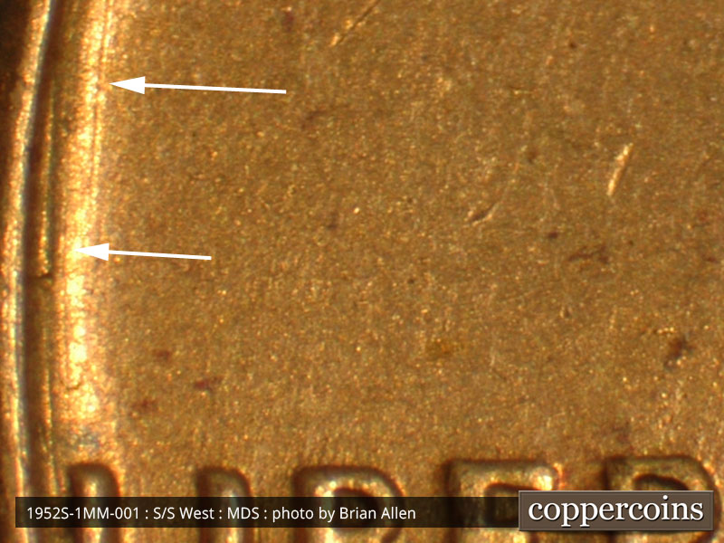 Die-stage B marker on 1952S•1MM•001 (1952 Repunched Mint Mark).