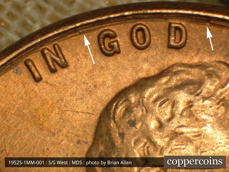 Die-stage B marker on 1952S•1MM•001 (1952 Repunched Mint Mark).