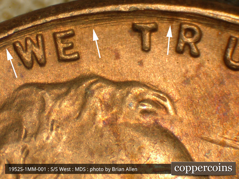 Die-stage B marker on 1952S•1MM•001 (1952 Repunched Mint Mark).