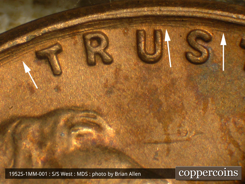 Die-stage B marker on 1952S•1MM•001 (1952 Repunched Mint Mark).