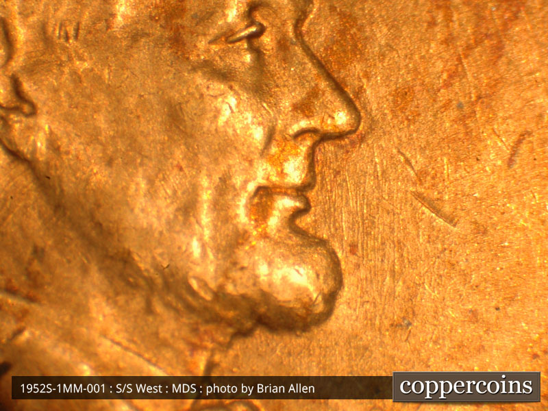 Die-stage B marker on 1952S•1MM•001 (1952 Repunched Mint Mark).