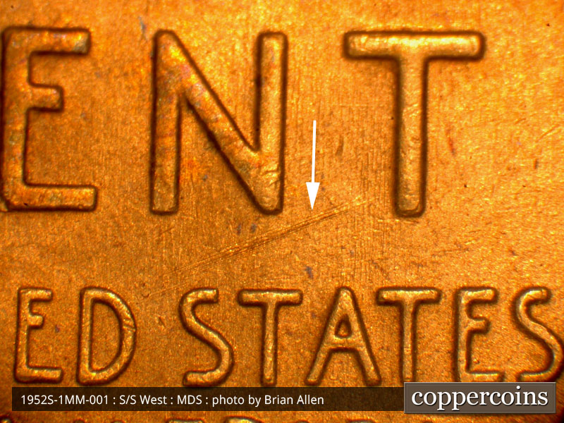 Die-stage B marker on 1952S•1MM•001 (1952 Repunched Mint Mark).