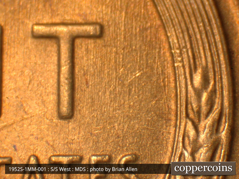 Die-stage B marker on 1952S•1MM•001 (1952 Repunched Mint Mark).