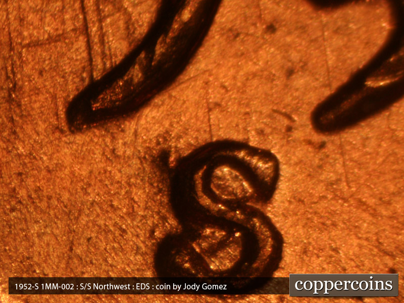 Die-stage A marker on 1952S•1MM•002 (1952 Repunched Mint Mark).