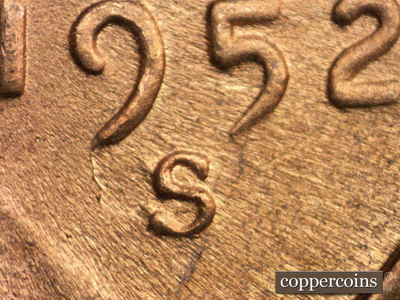 Die-stage C marker on 1952S•1MM•002 (1952 Repunched Mint Mark).