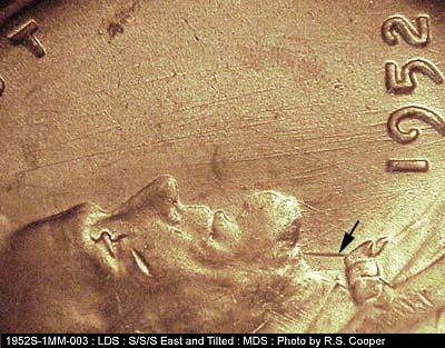 Die-stage B marker on 1952S•1MM•003 (1952 Repunched Mint Mark).