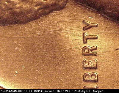 Die-stage B marker on 1952S•1MM•003 (1952 Repunched Mint Mark).