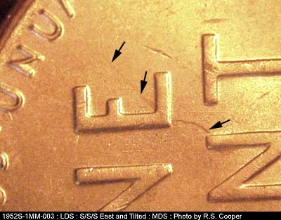 Die-stage B marker on 1952S•1MM•003 (1952 Repunched Mint Mark).