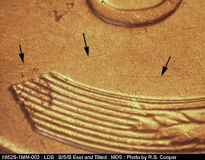Die-stage B marker on 1952S•1MM•003 (1952 Repunched Mint Mark).