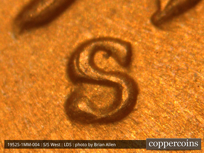 Die-stage C marker on 1952S•1MM•004 (1952 Repunched Mint Mark).