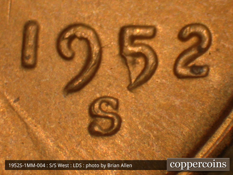 Die-stage C marker on 1952S•1MM•004 (1952 Repunched Mint Mark).