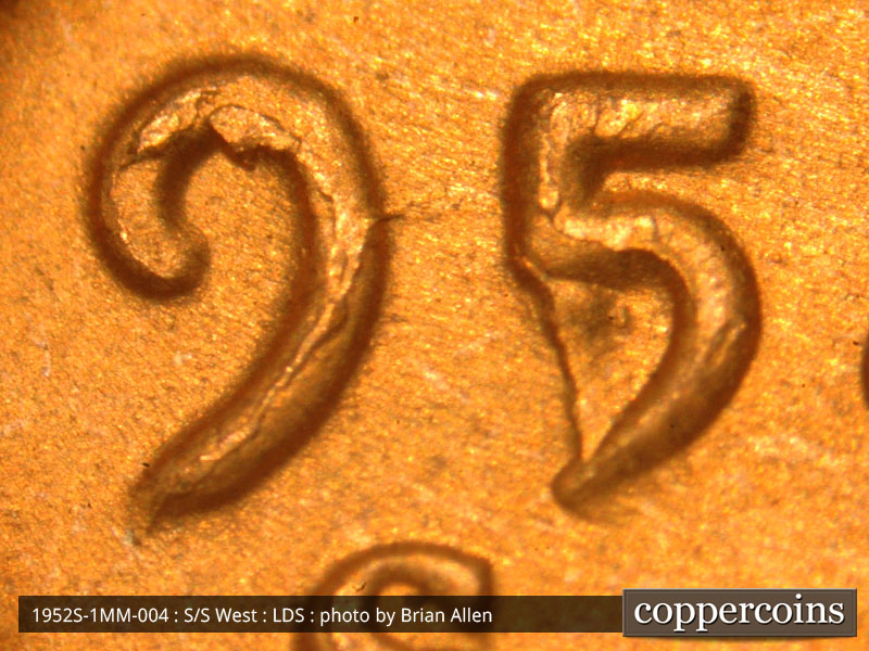 Die-stage C marker on 1952S•1MM•004 (1952 Repunched Mint Mark).