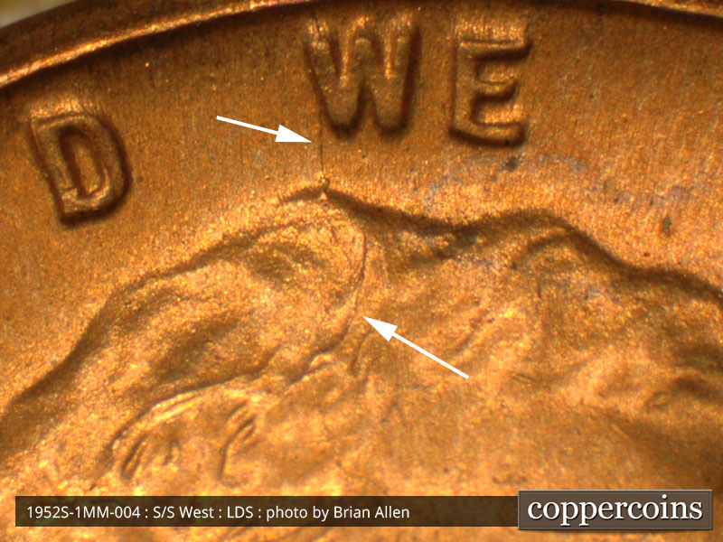 Die-stage C marker on 1952S•1MM•004 (1952 Repunched Mint Mark).