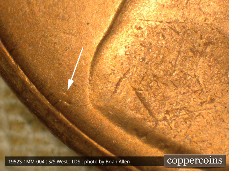 Die-stage C marker on 1952S•1MM•004 (1952 Repunched Mint Mark).