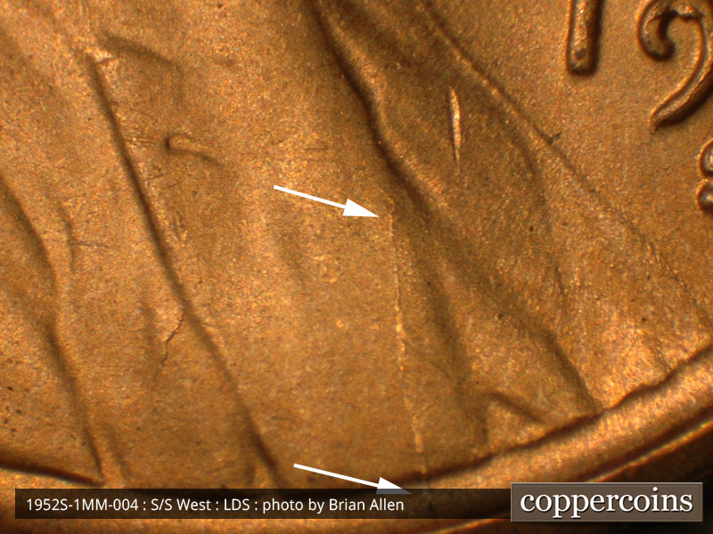 Die-stage C marker on 1952S•1MM•004 (1952 Repunched Mint Mark).