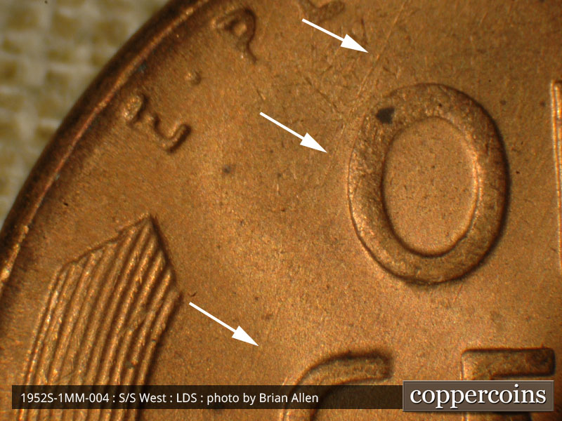 Die-stage C marker on 1952S•1MM•004 (1952 Repunched Mint Mark).