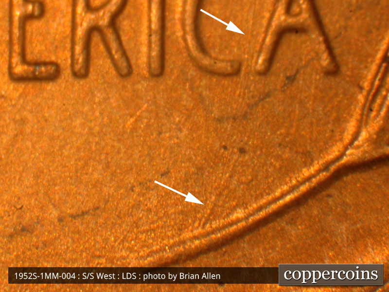 Die-stage C marker on 1952S•1MM•004 (1952 Repunched Mint Mark).