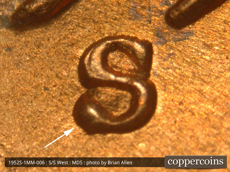 1952 Lincoln cent obverse, CopperCoins die 1952S•1MM•006.