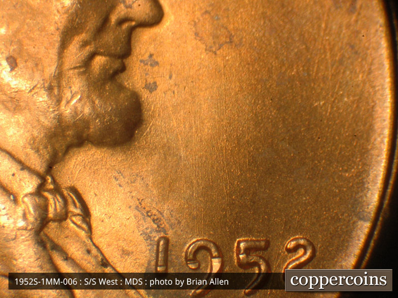 Die-stage B marker on 1952S•1MM•006 (1952 Repunched Mint Mark).