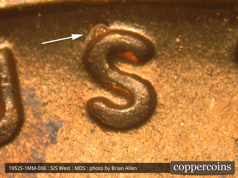 Die-stage B marker on 1952S•1MM•006 (1952 Repunched Mint Mark).